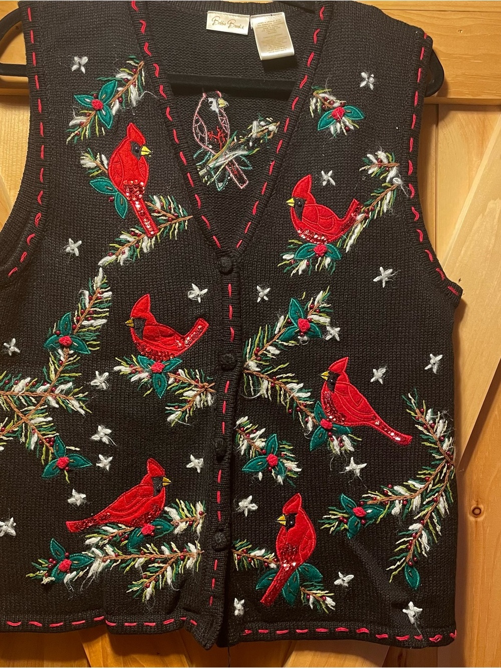 Festive Black Cardinal Embroidered Holiday Vest